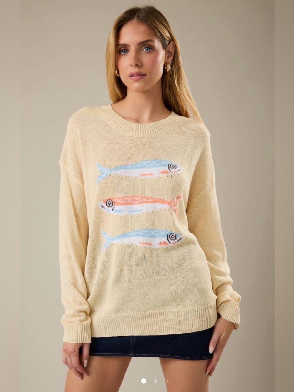 286 Cream Fish Motif Crewneck Sweater - Picture 1 of 4